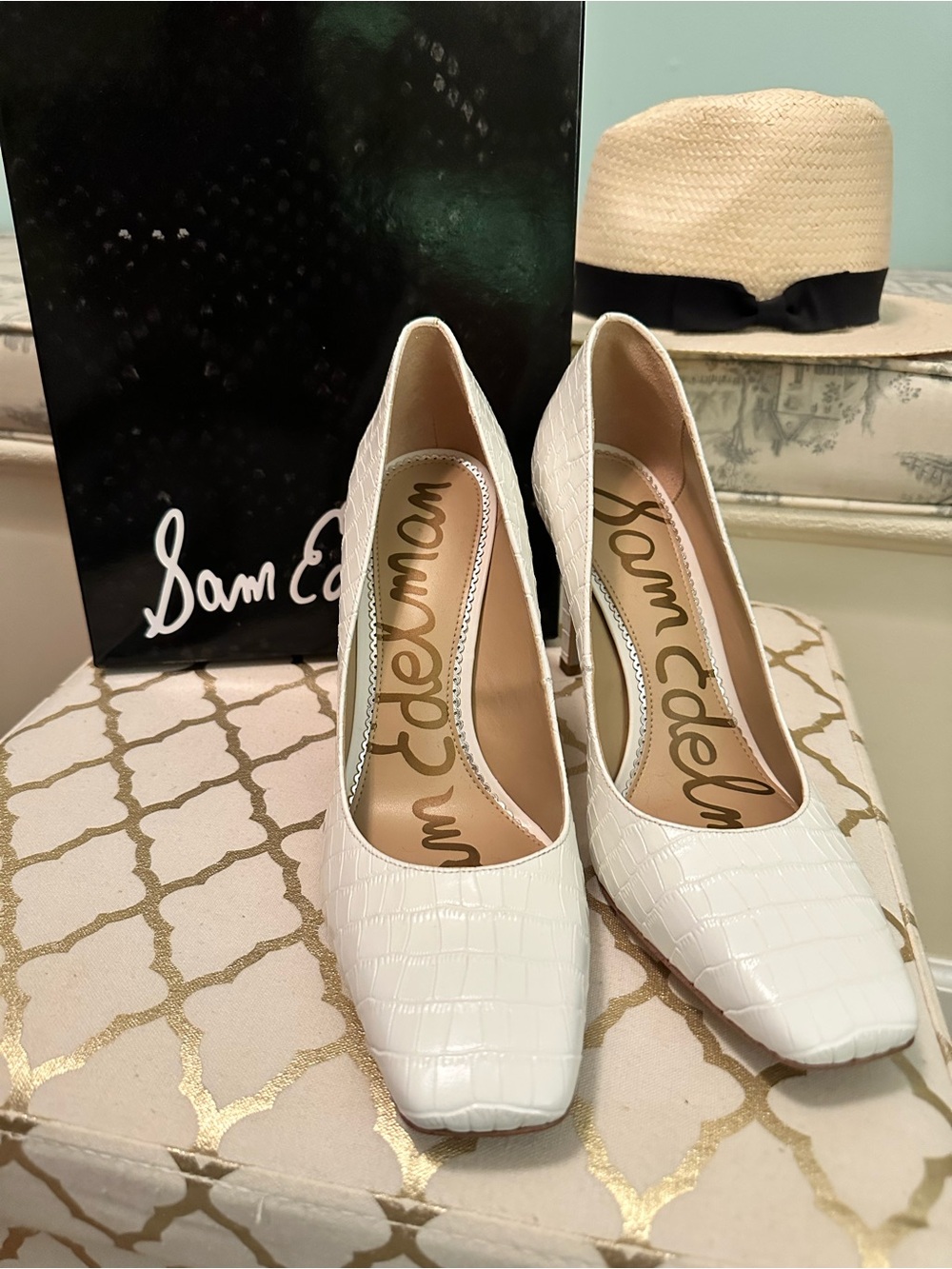 Sam Edelman White Croc-Embossed Square-Toe Pumps